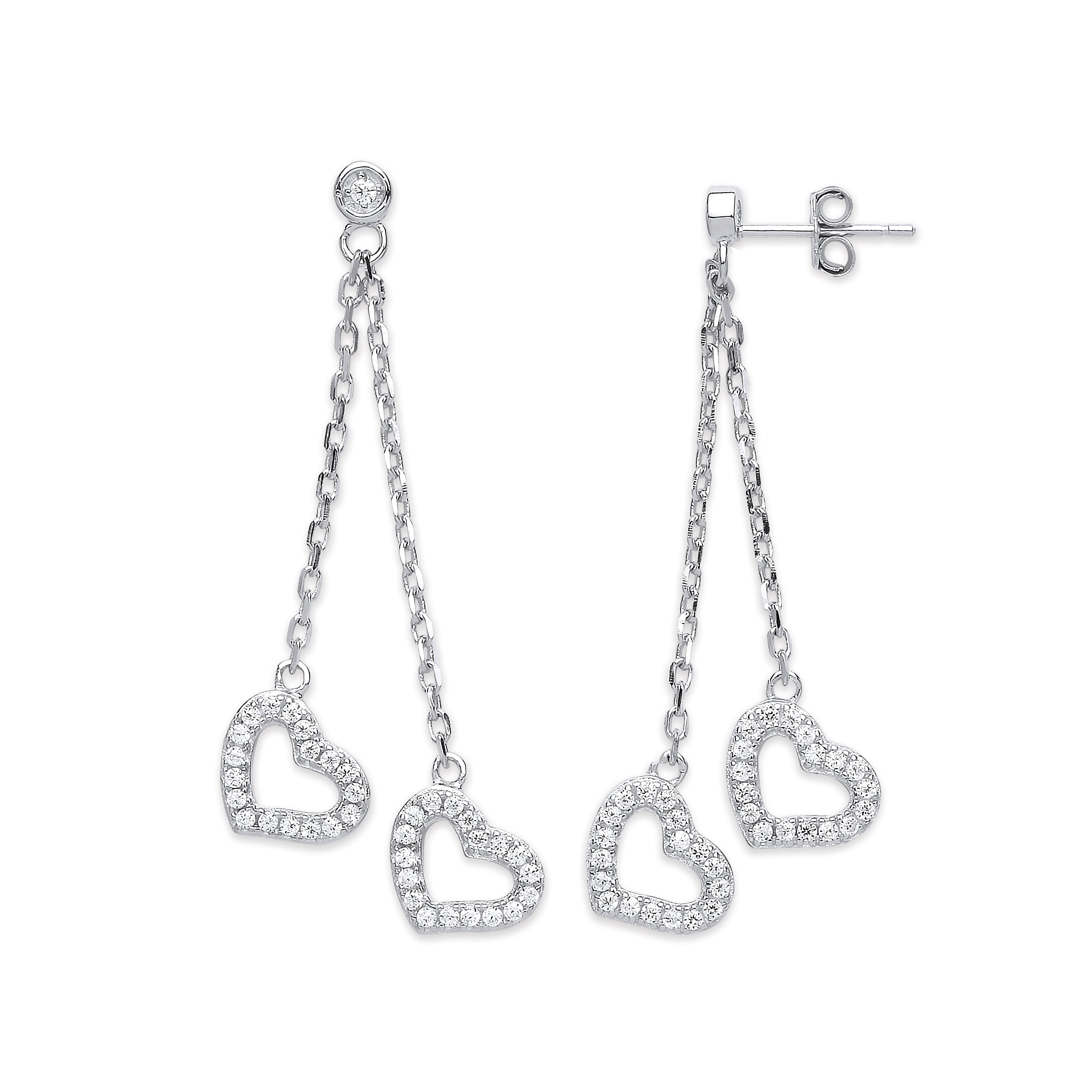 925 Sterling Silver 2-Strand Cubic Zirconia Hearts Drop Earrings