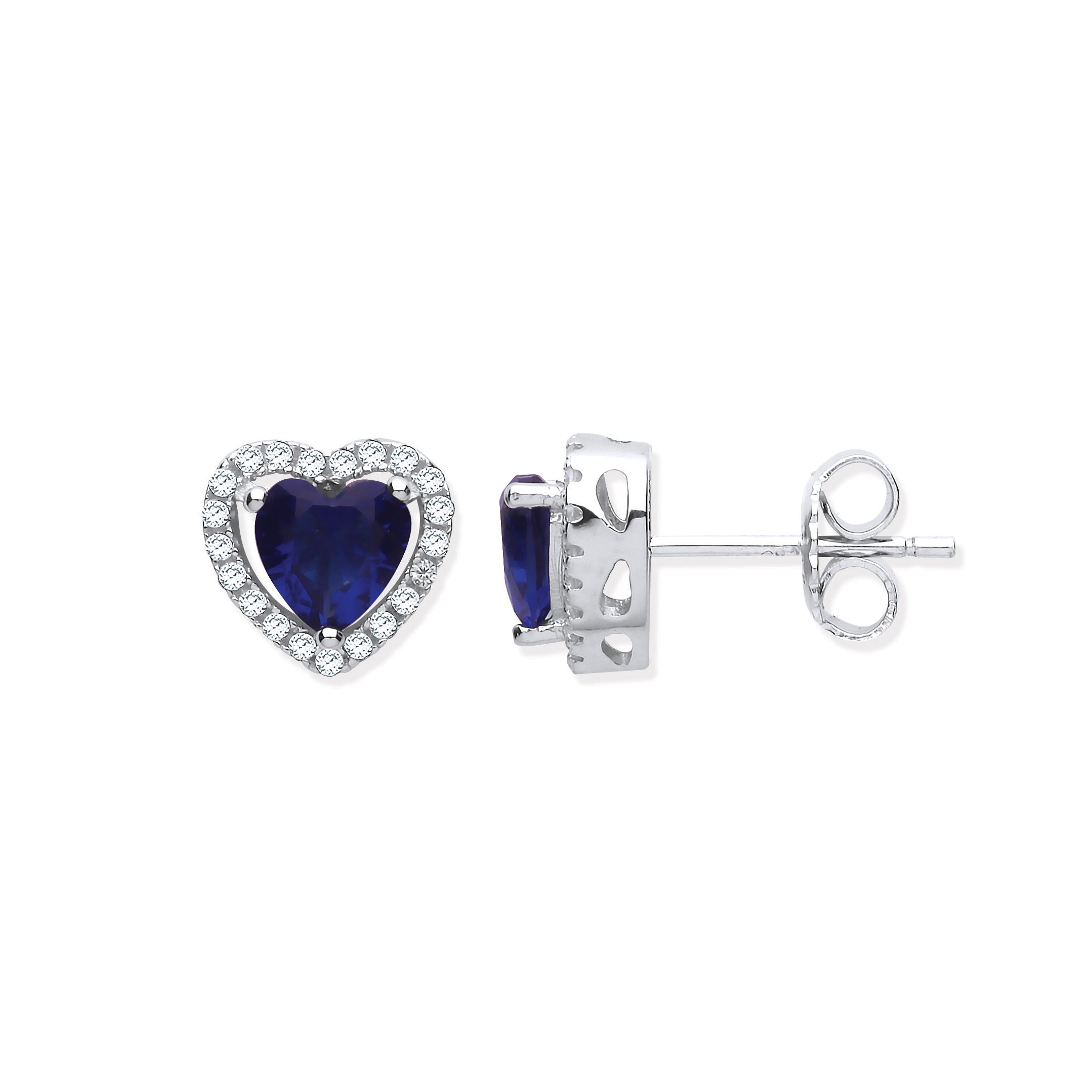 925 Sterling Silver Blue Sapphire Cubic Zirconia Heart Halo Stud Earrings