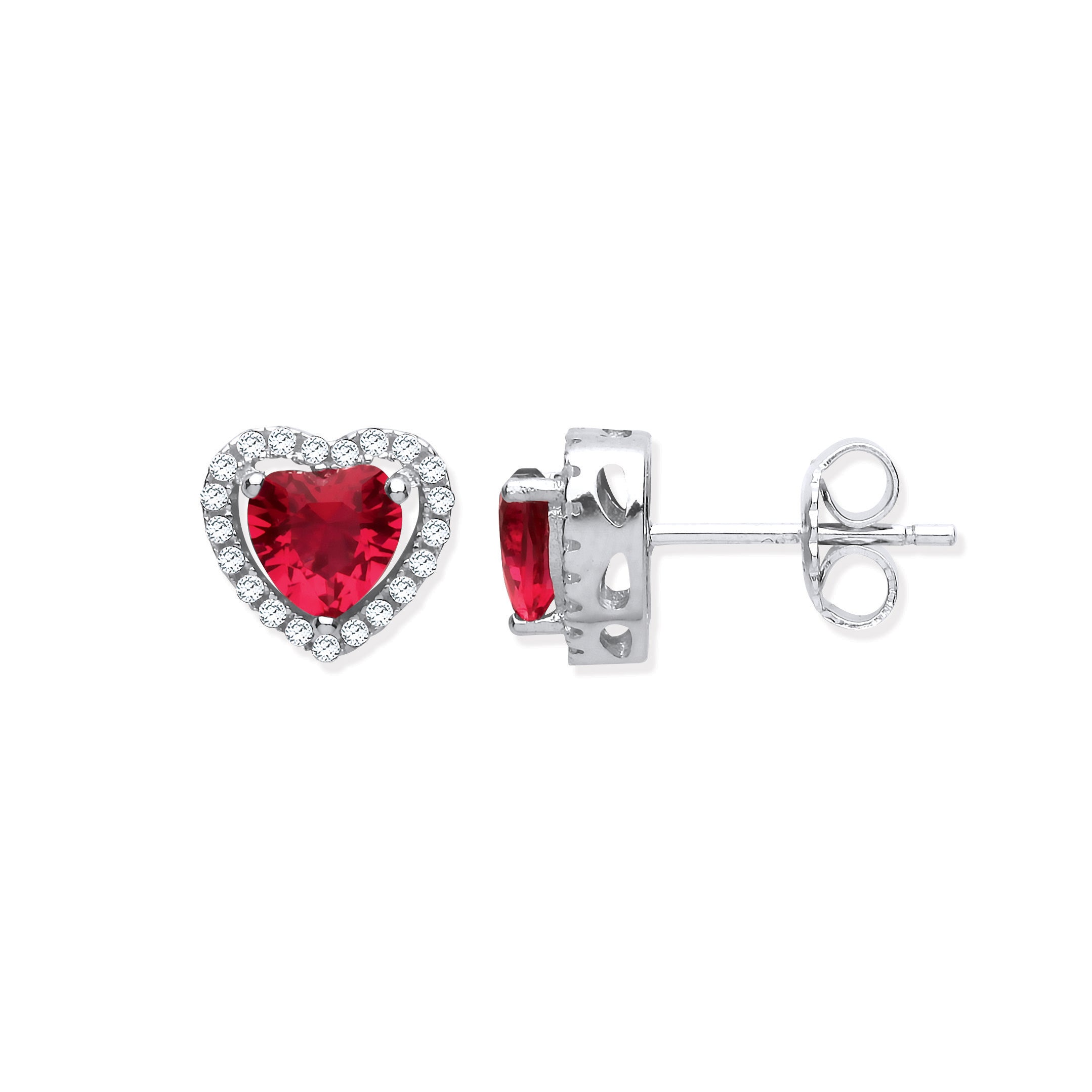 925 Sterling Silver Ruby Cubic Zirconia Halo Heart Stud Earrings