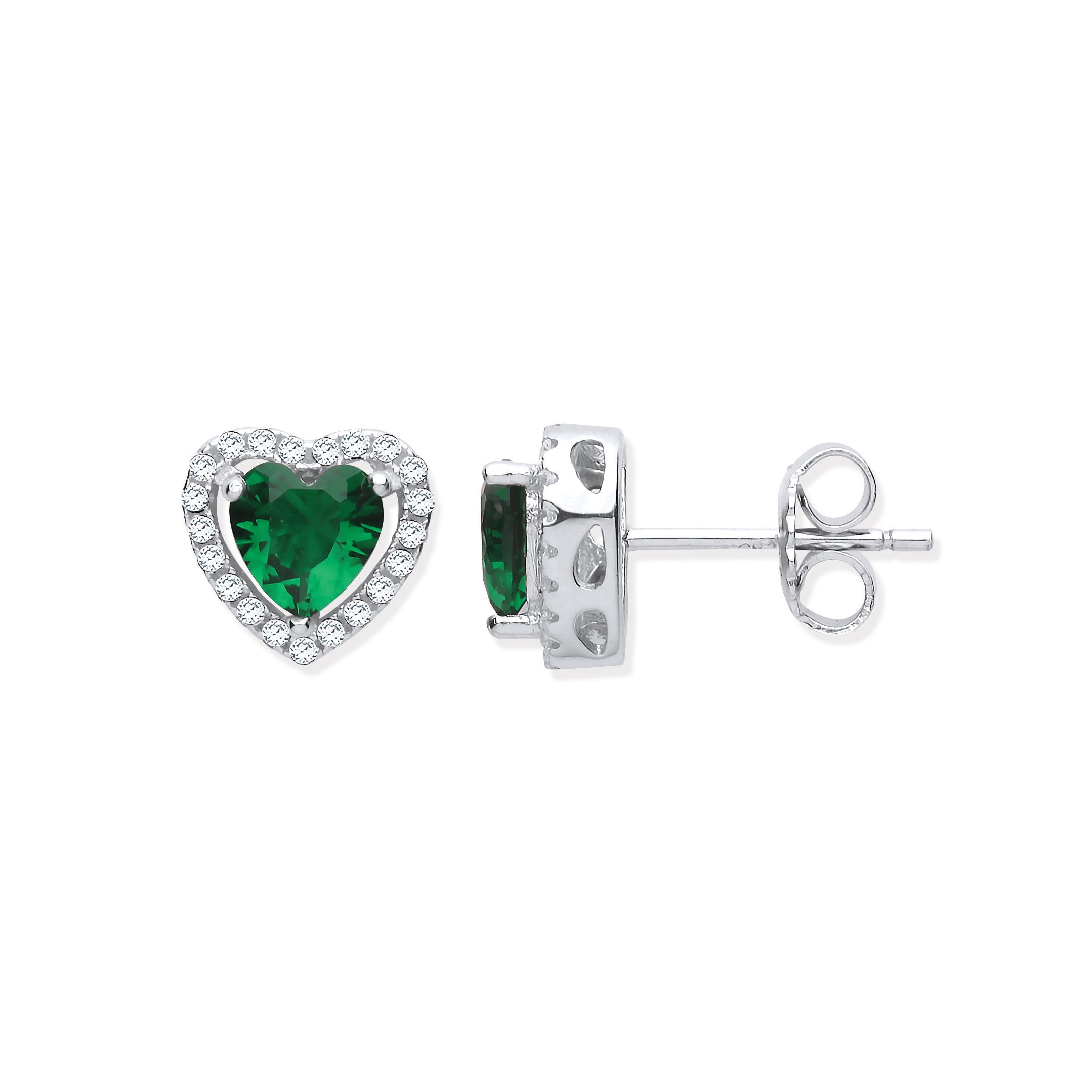 925 Sterling Silver Emerald Green Cubic Zirconia Halo Heart Stud Earrings