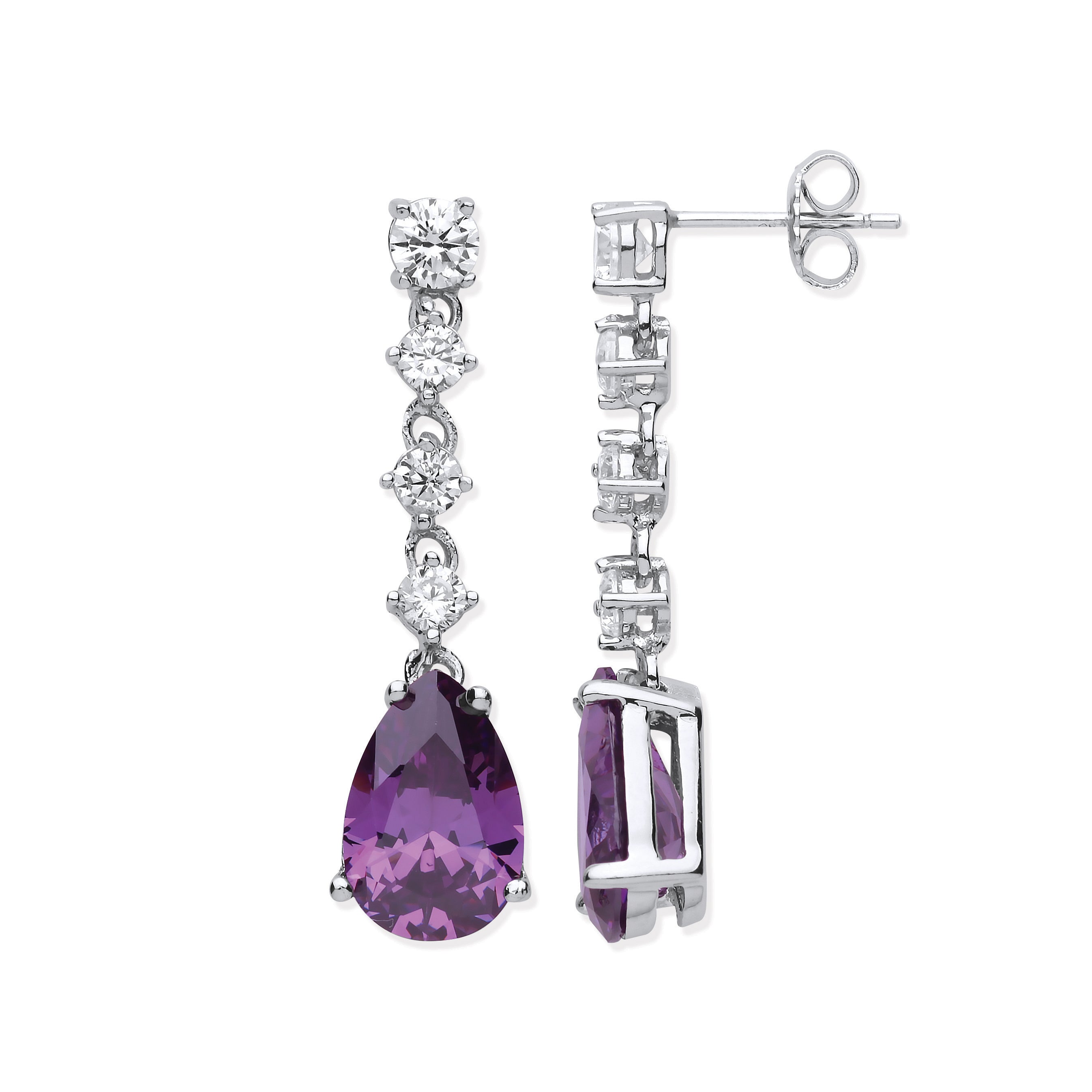 925 Sterling Silver Clear & Amethyst Colour Cubic Zirconia Long Drop Earrings