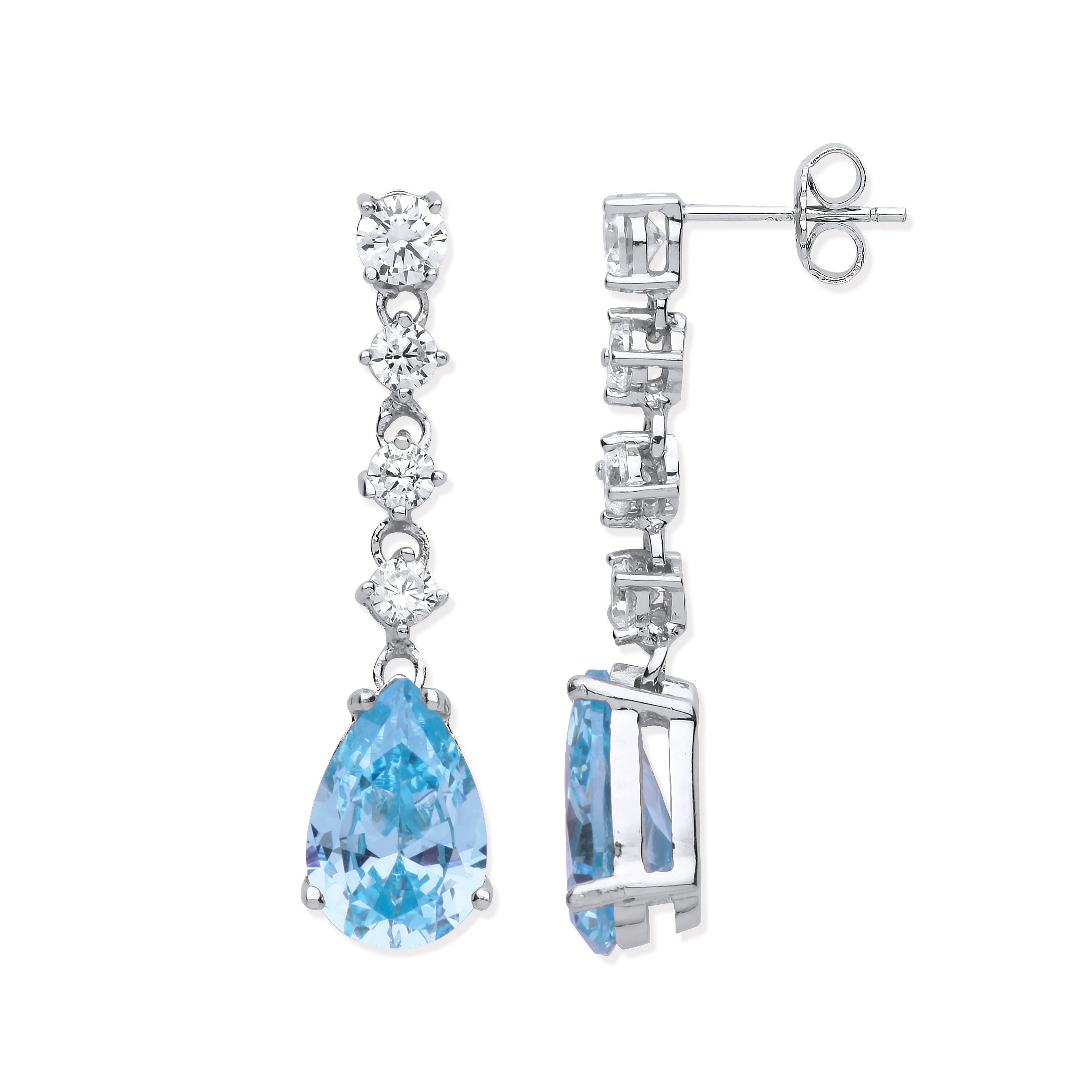 925 Sterling Silver Clear & Aquamarine Colour Cubic Zirconia Long Drop Earrings