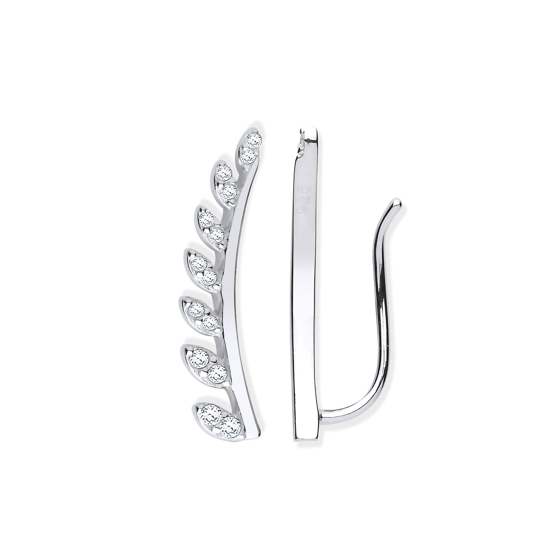 925 Sterling Silver Cubic Zirconia Half Leaf Earcuff, Crawler, Earrings