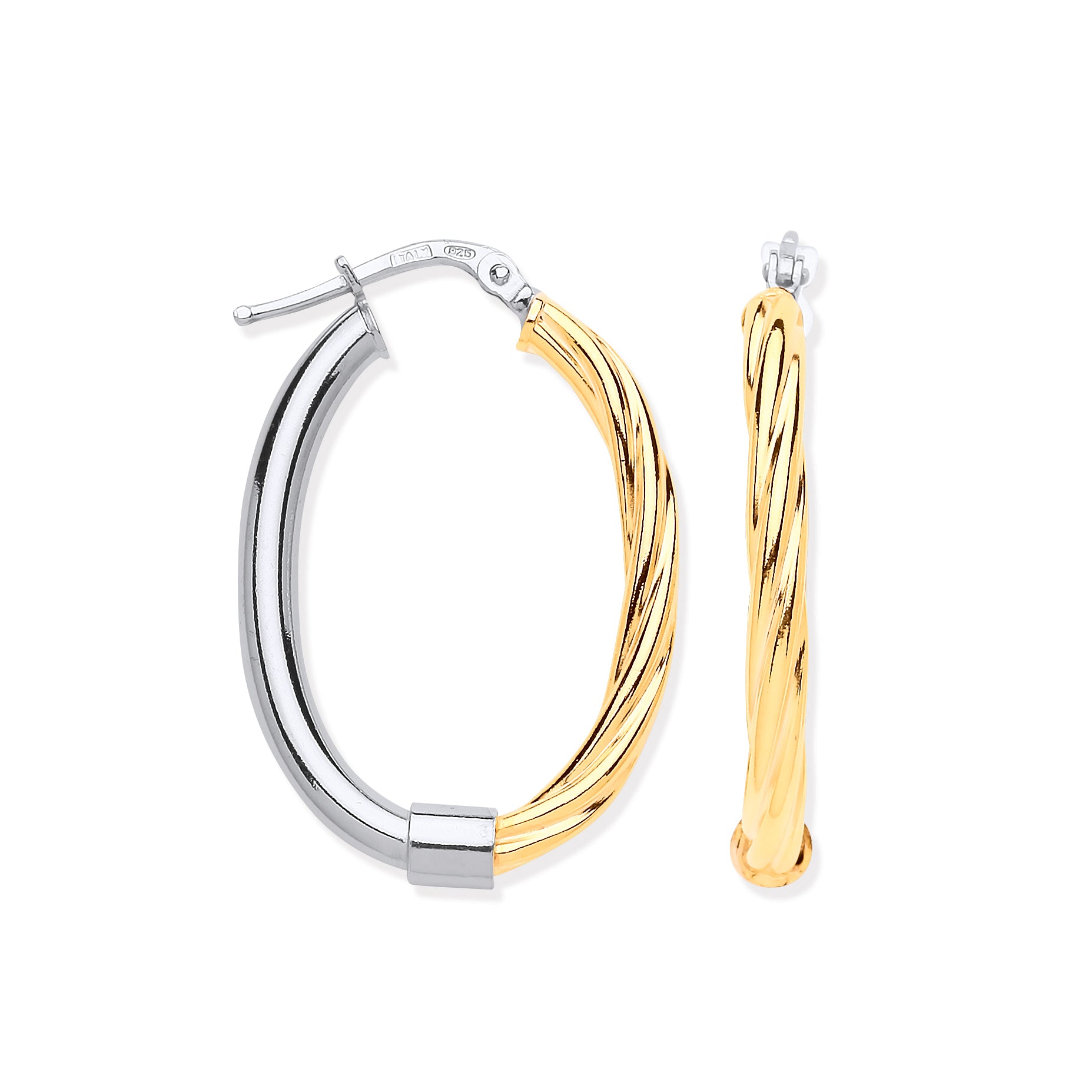 925 Sterling Silver Oval Two Tone Twist Hoop Earrings