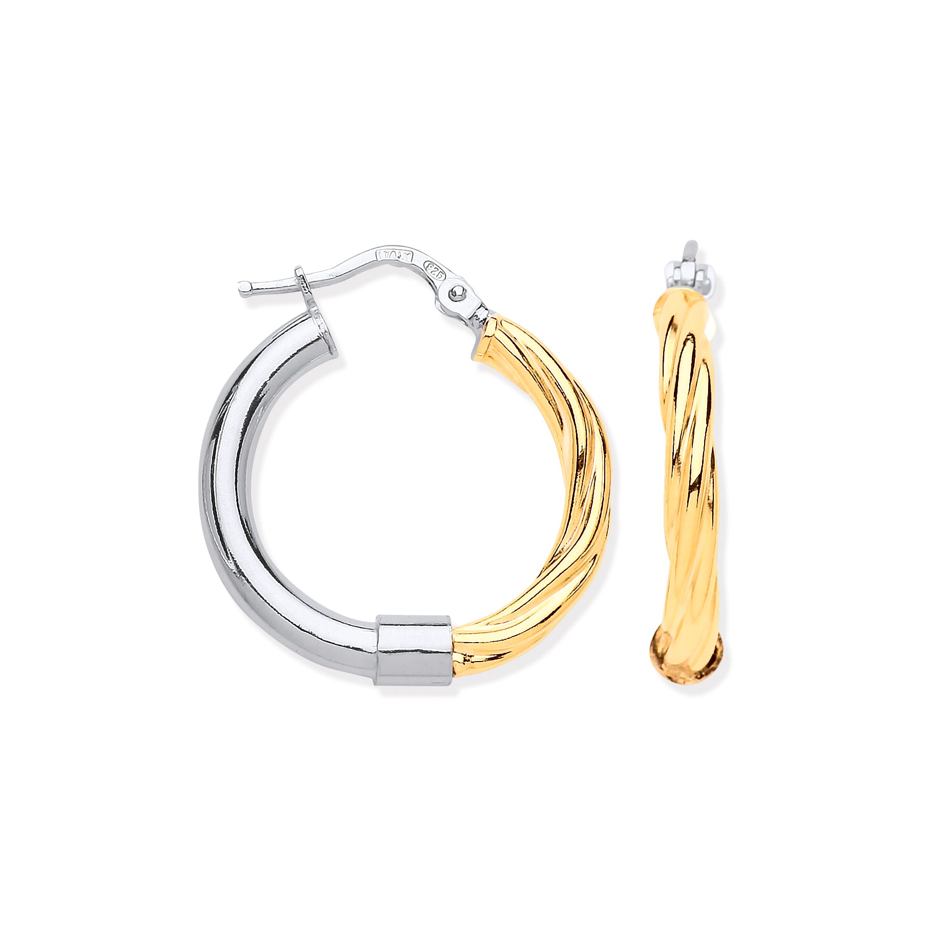 925 Sterling Silver 25mm Large Tube & Yellow Gold Plated Twist Hoop Earrings