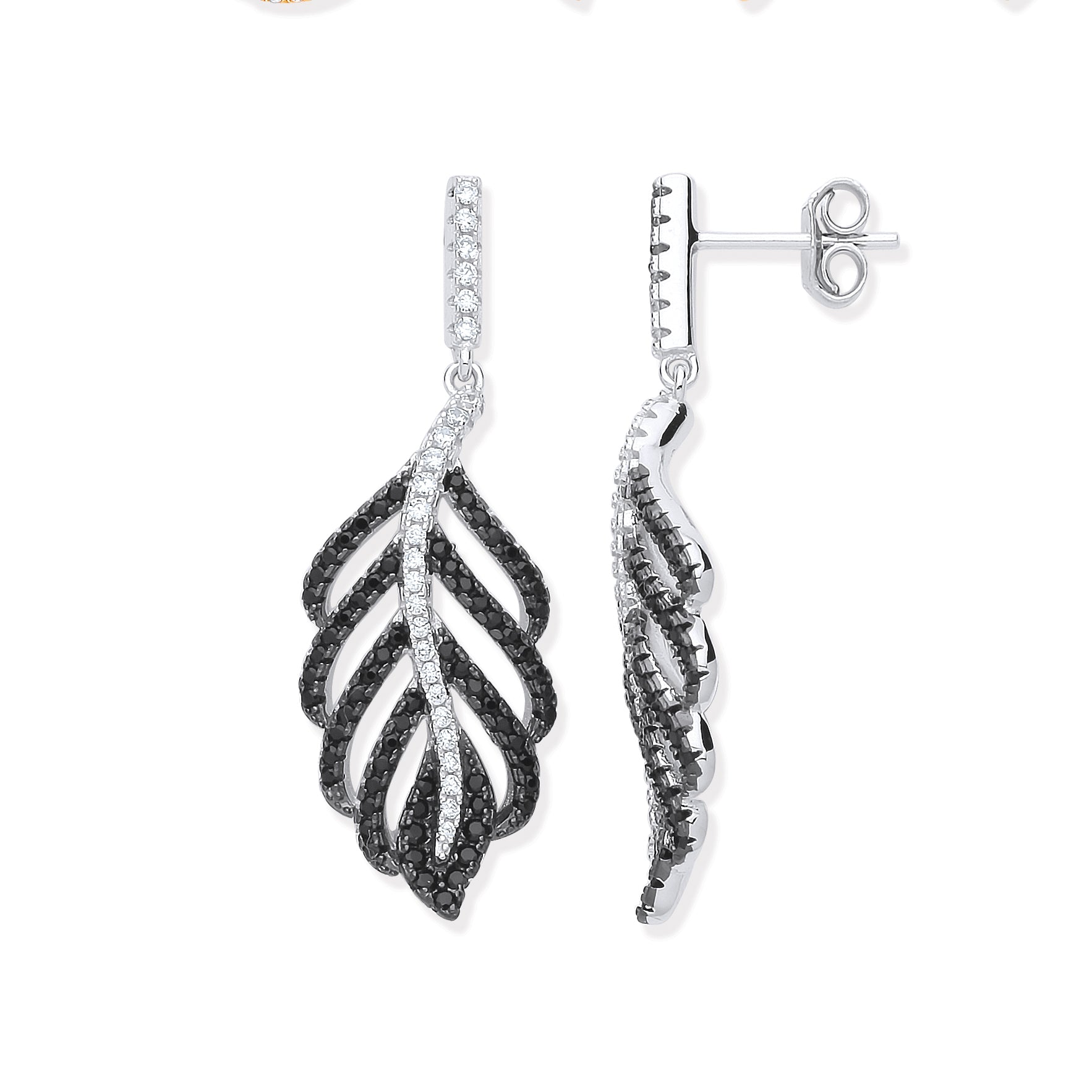 925 Sterling Silver Black & Clear Cubic Zirconia Leaf Drop Earrings