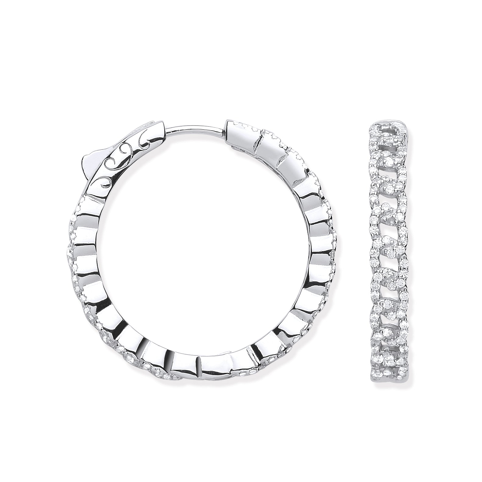 925 Sterling Silver 30mm Curb Chain Link Cubic Zirconia Hoop Earrings