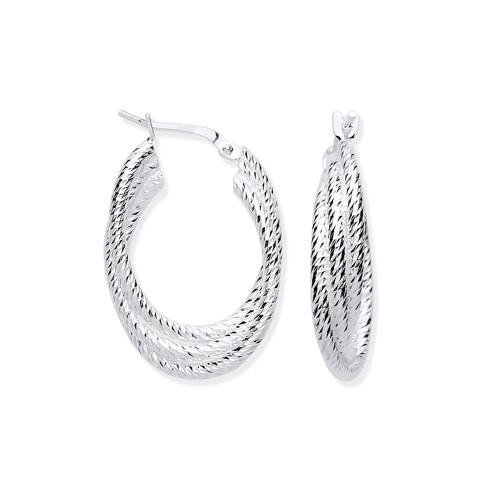 925 Sterling Silver Ribbed Oval 3 Row Hoop Earrings