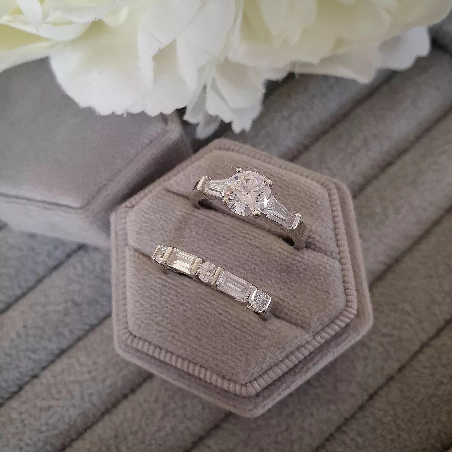 925 Sterling Silver Round & Baguette Cut Bridal Ring Set