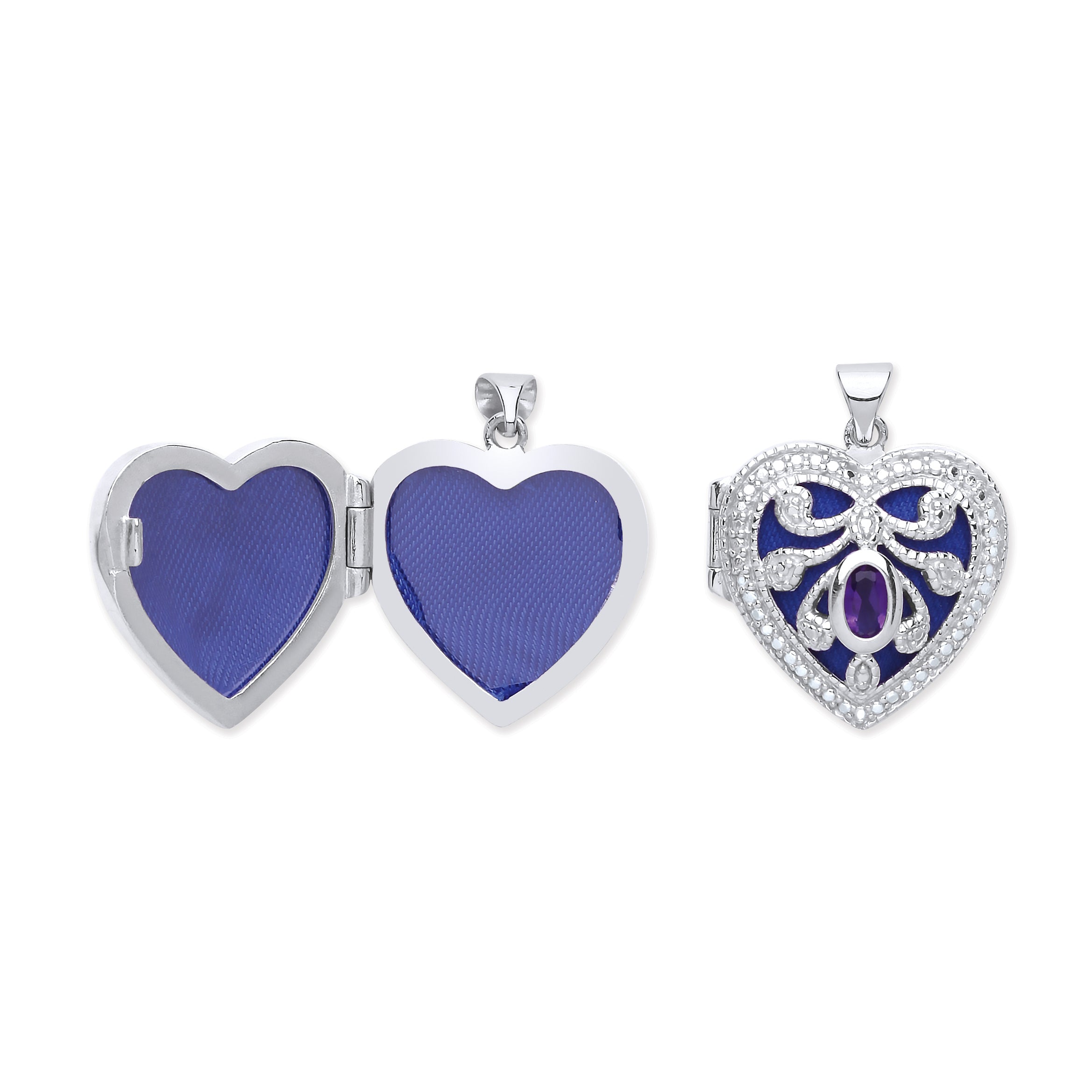 925 Sterling Silver Heart Locket with Amethyst and Chain