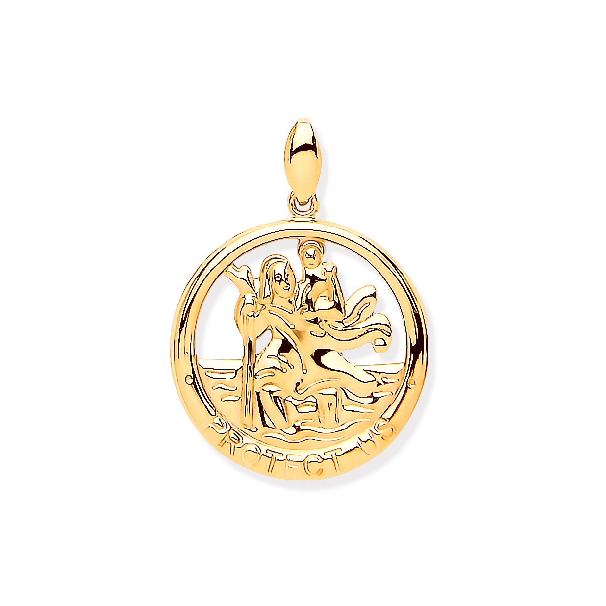 9ct Yellow Gold St Christopher Round Cut Out Protect Us Medal