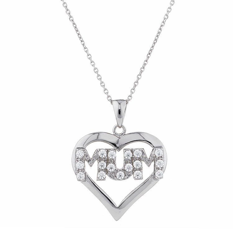 925 Sterling Silver Cz Heart Mum Pendant with Chain