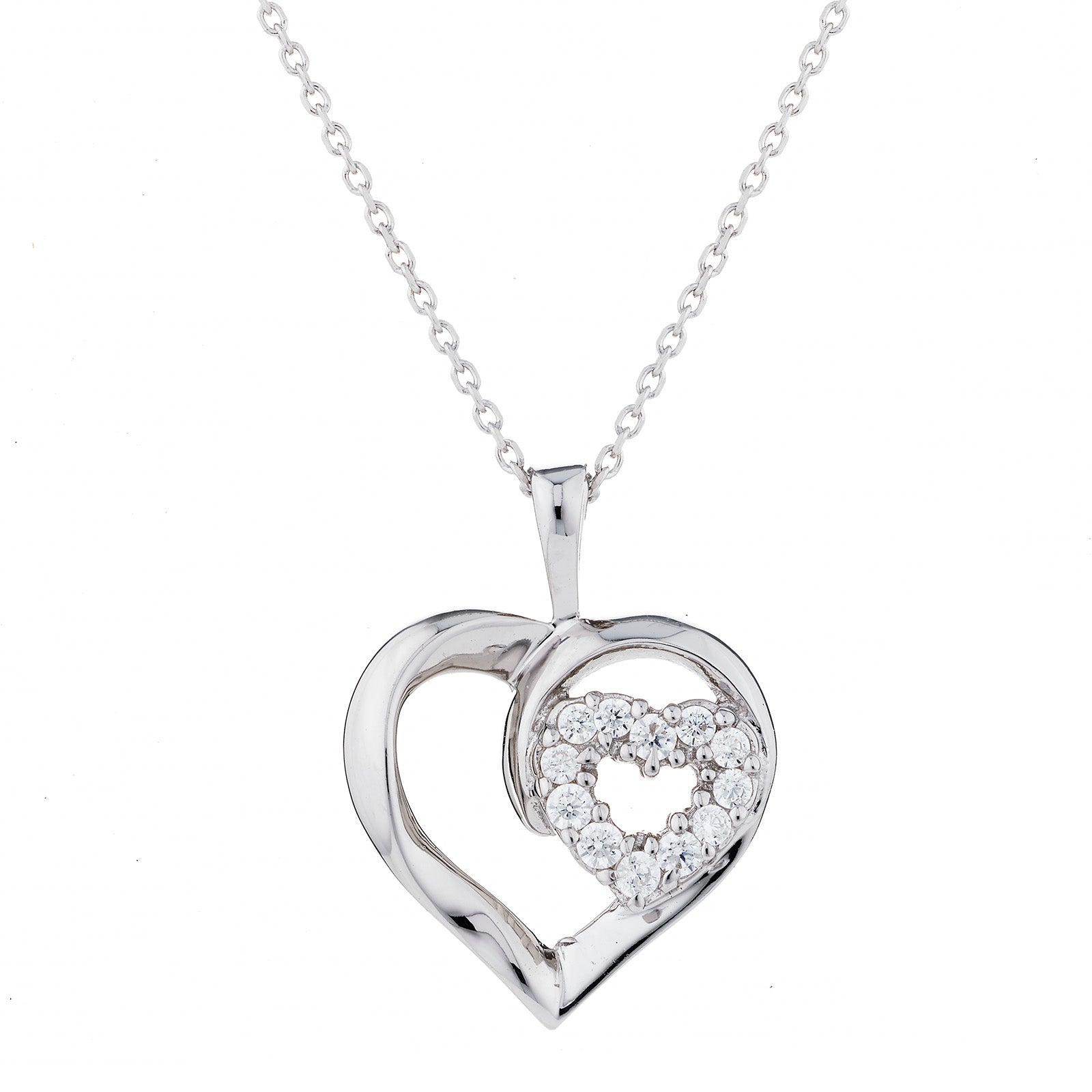 925 Sterling Silver Double Cz Heart Pendant with 18" Chain