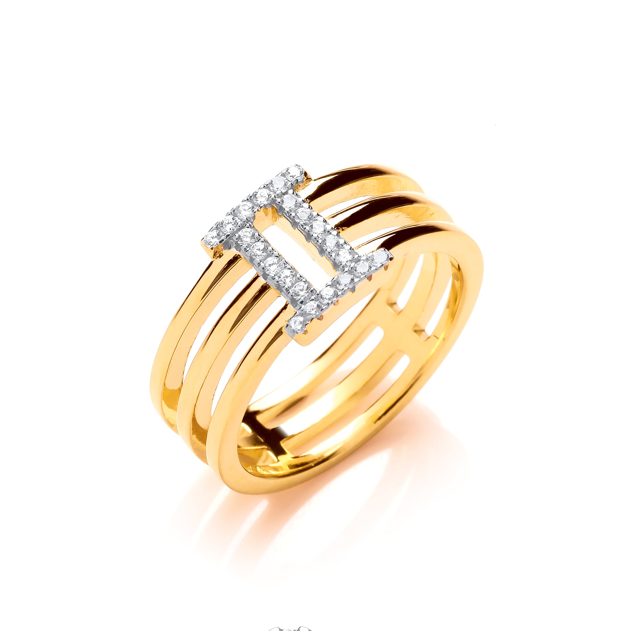 925 Sterling Silver Yellow Gold Plated CZ Three Band Roman Numerals Ring