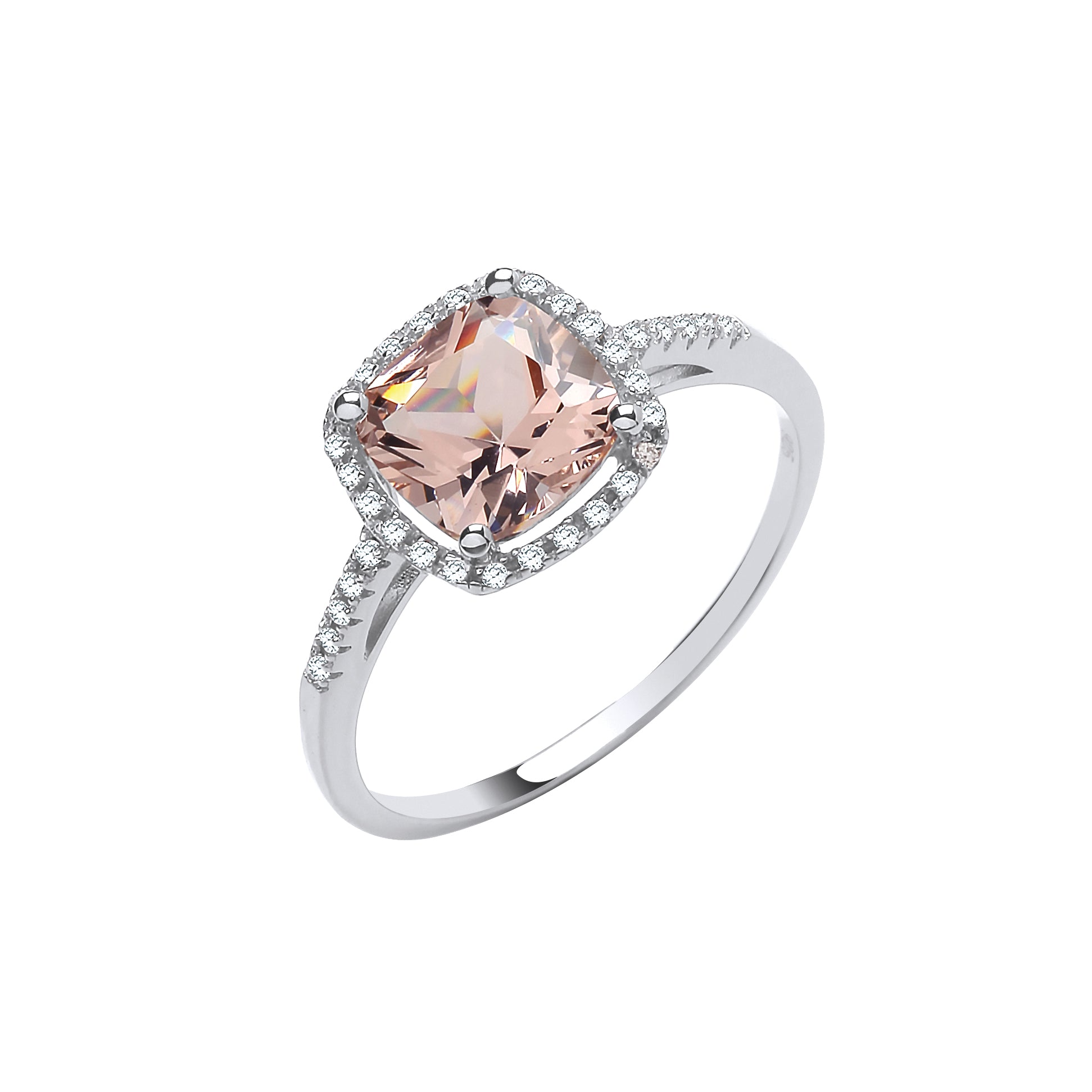 925 Sterling Silver Cushion Set Morganite Cz Halo Ring