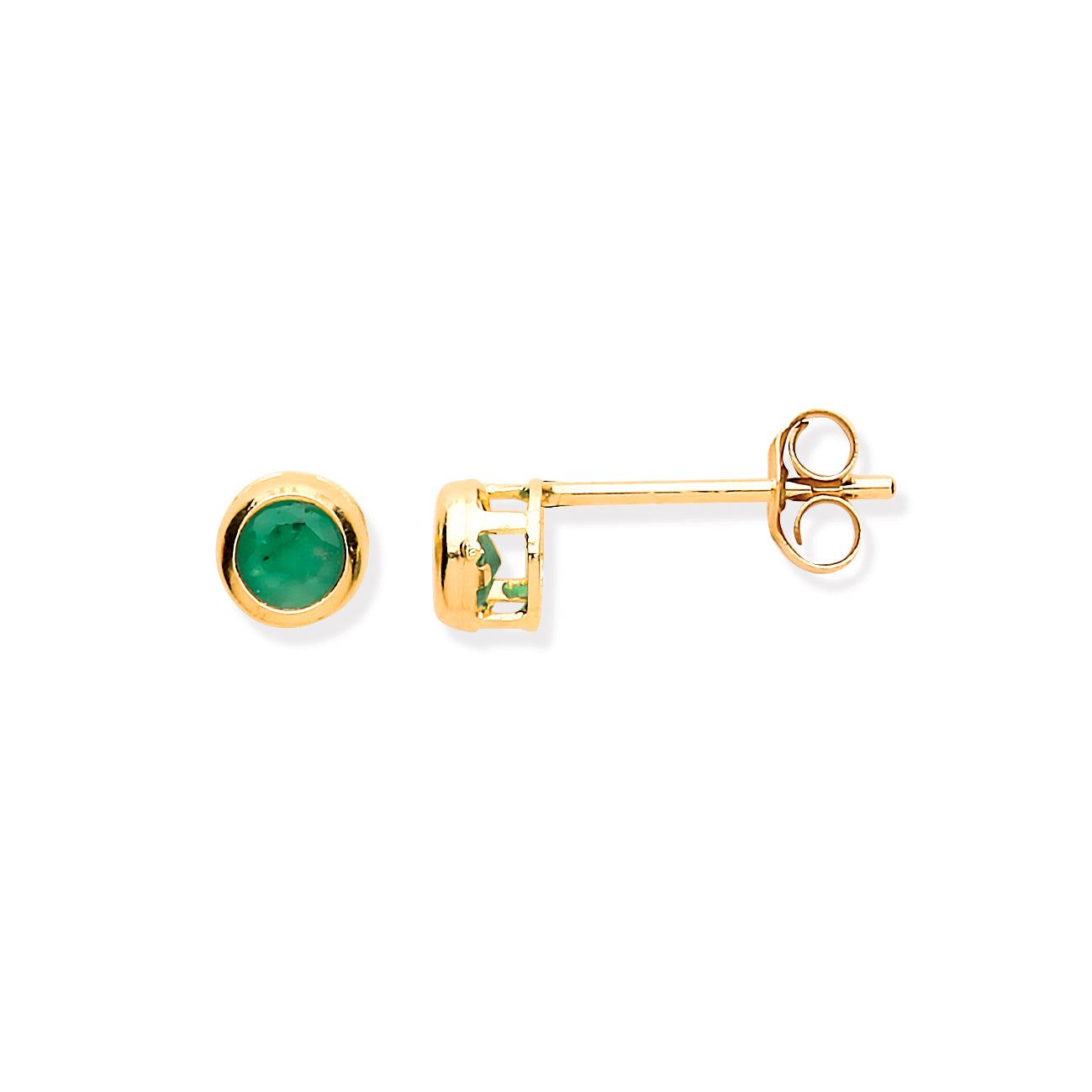 9ct Yellow Gold 3.8mm Natural Emerald Rubover Stud Earrings