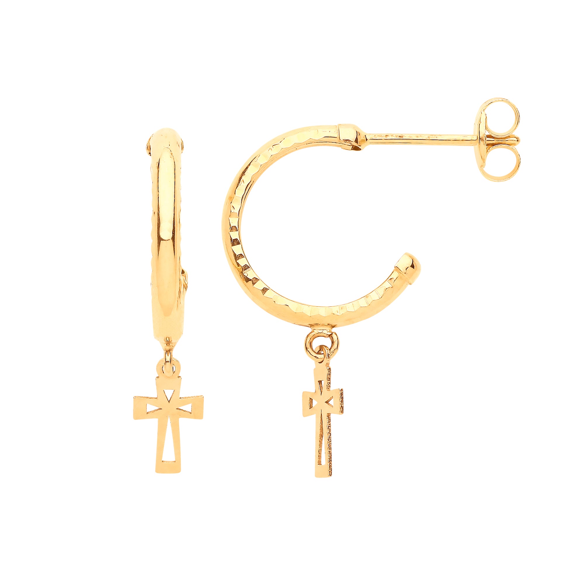 9ct Yellow Gold Diamond Cut Hoop Studs with Cross Drop