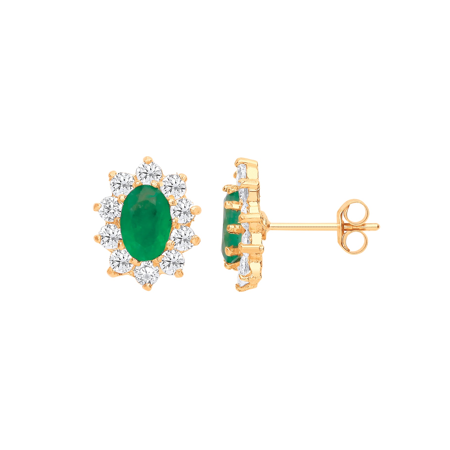 9ct Yellow Gold Natural Emerald & Cubic Zirconia Cluster Stud Earrings