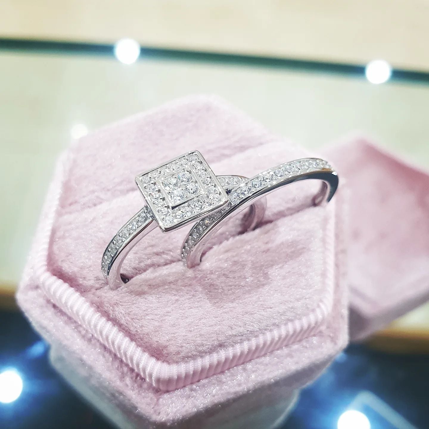 925 Sterling Silver Square Set Halo Cz Ring Set