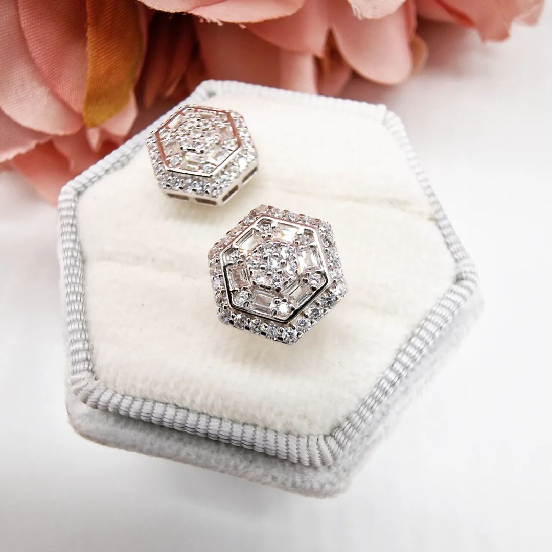 925 Sterling Silver Octagon Shaped Cz Stud Earrings