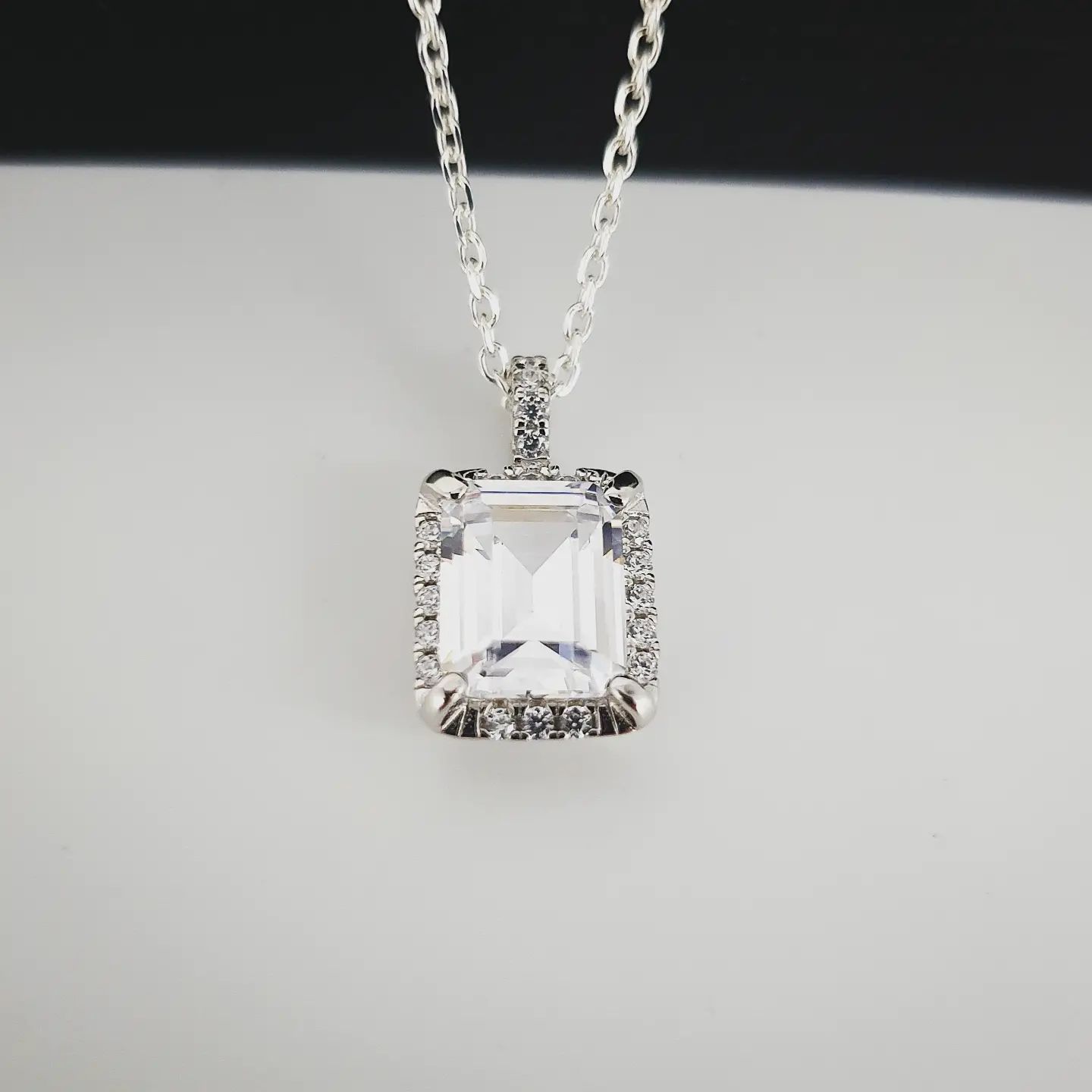 925 Sterling Silver Emerald Cut Cz Halo Pendant & Chain