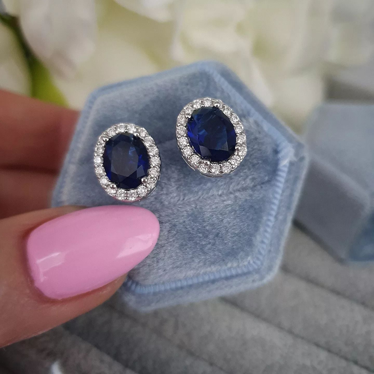 925 Sterling Silver Blue Sapphire Cz Oval Stud Earrings