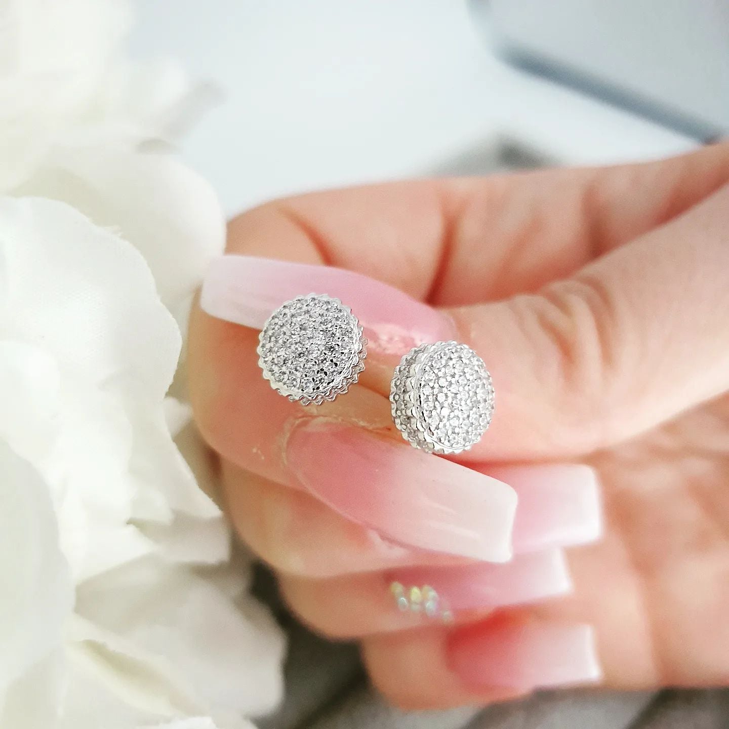 925 Sterling Silver Cz 10mm Round Cluster Stud Earrings