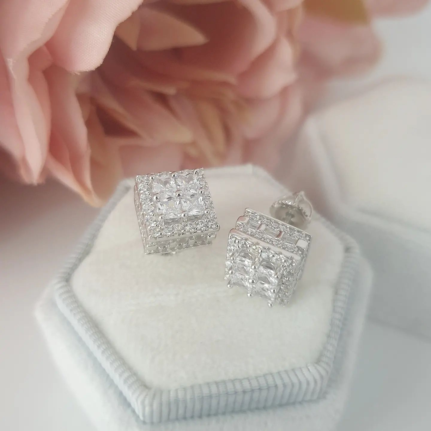 925 Sterling Silver Cz 4 Princess Cut Stud Earrings