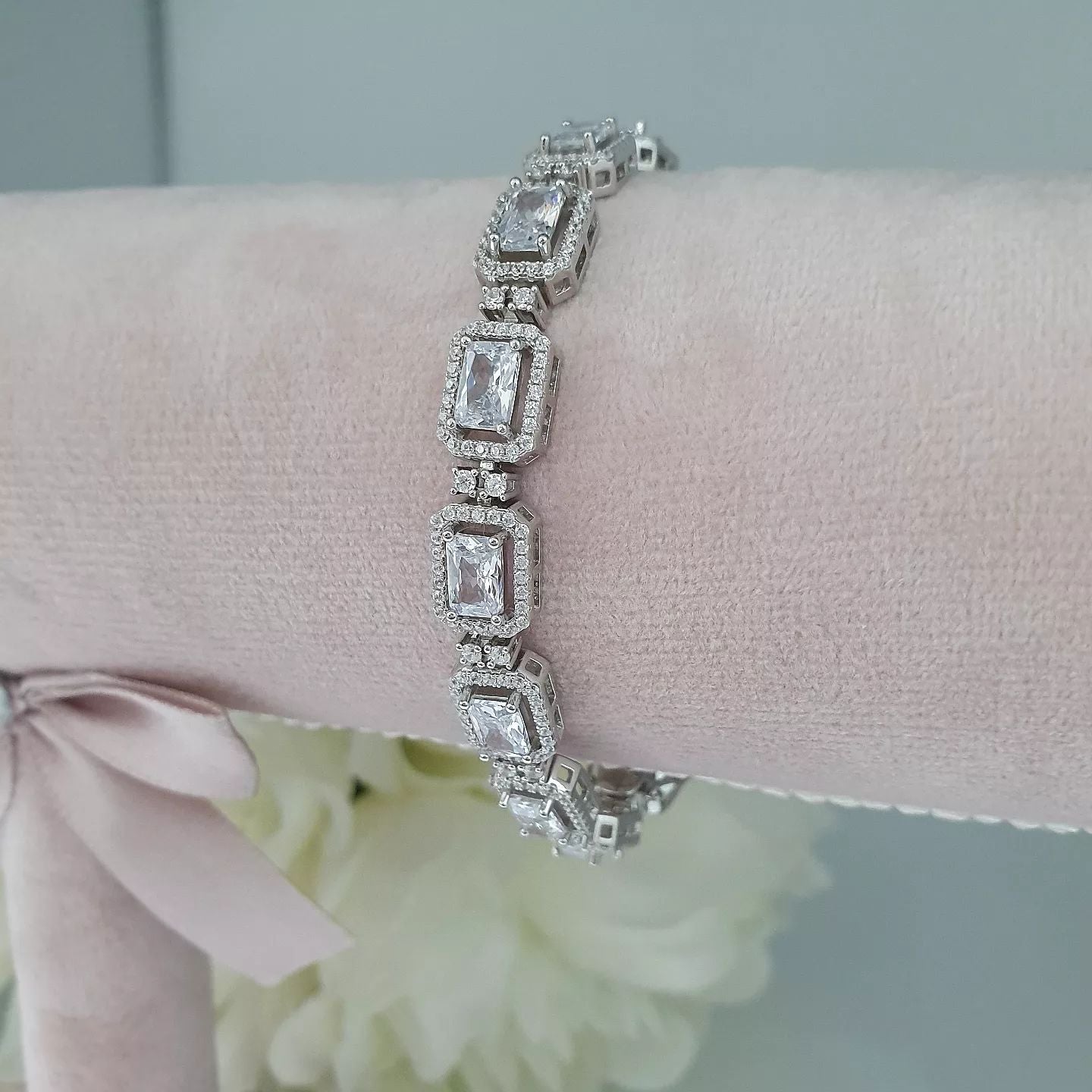 925 Sterling Silver Clear Cz Emerald Cut in a Halo Style Tennis Bracelet