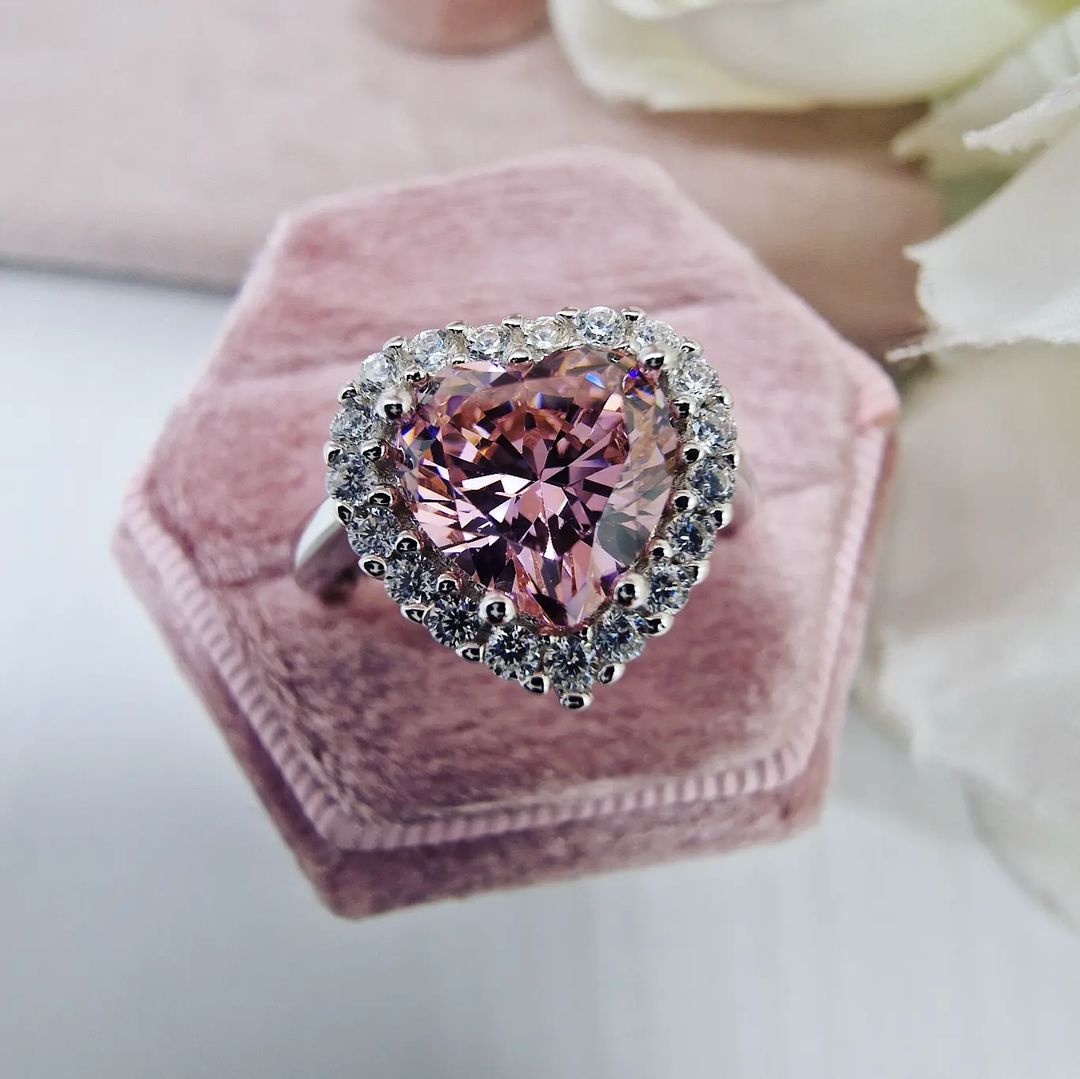 925 Sterling Silver Pink Cz Heart Cluster Ring